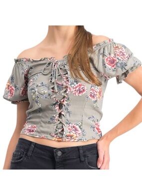 🆕 Cravefame by Almost Famous Floral Off-the-Shoulder Lace-Up Top